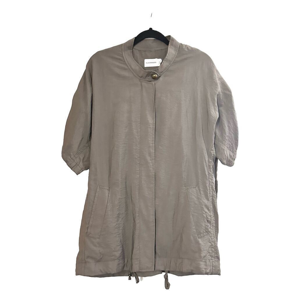 CLUB MONACO Ruched Drawstring Short Sleeve Front Zip Jacket Taupe Gray Sz Small